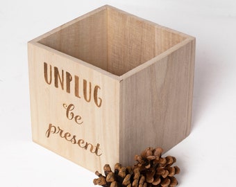 Unplug Be Present Phone Box Crate - Wood Cell Phone Holder