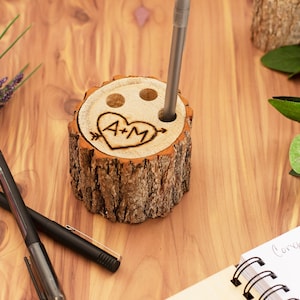 Tree Stump Guest Book Pen Stand | Rustic 3 Pen Holder | Personalized, Engraved by Hand | Wedding Gift Table Wood Triple Pen Keeper