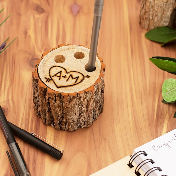 hardcover books for display Tree Stump Guest Book Pen Stand | Rustic 3 Pen Holder | Personalized, Engraved by Hand | Wedding Gift Table Wood Triple Pen Keeper