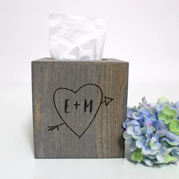 Wood Tissue Box Cover | Initials in Heart with Arrow | Rustic Home Decor | Engraved Monogram | Gift for Her