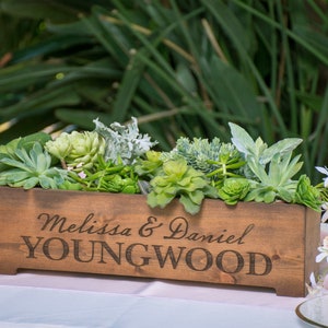 Personalized Rustic Wood Planter Box Wedding Centerpiece Vase - First Names and Last Name, Custom Text Engraved