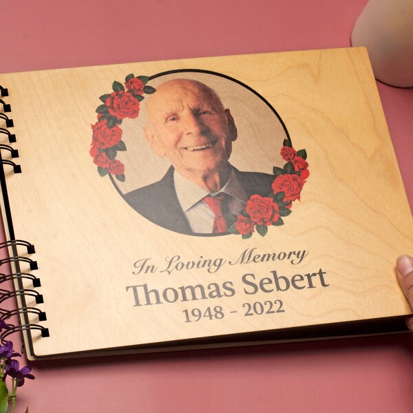 Memorial Guestbook or Memory Album for Loved One with Personalized Photo and Text | In Loving Memory | Name, Years of Life | Rose Wreath