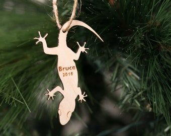 Personalized Gecko Christmas Ornament Name Date Hanging Wood Engraved