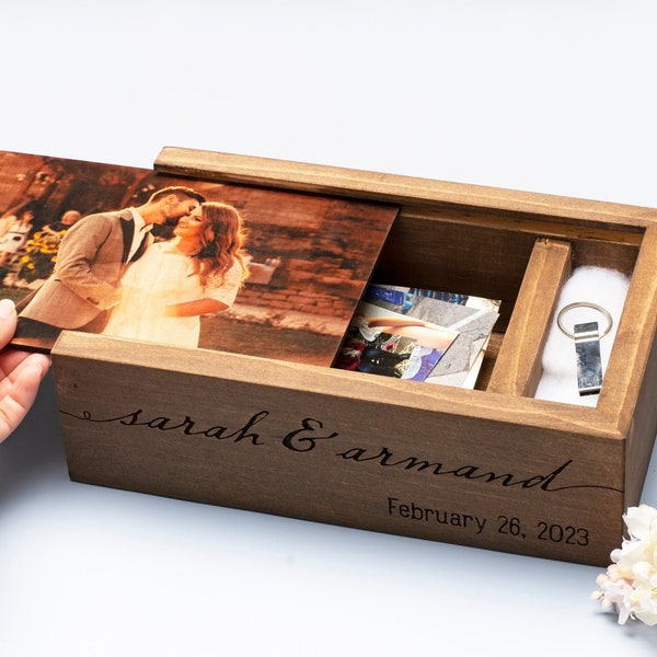 Handmade Photo Storage Box Solid Wood | USB Drive Box | Photo Print on Wood Lid | Personalized Engraved Names & Date | Photographer Package