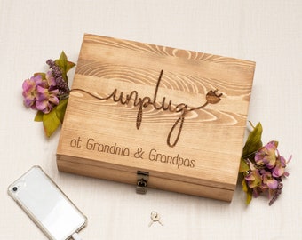 Personalized Unplug Box - Family Phone Lock Up - Wood Cell Phone Holder