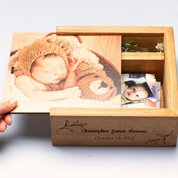 Handmade Photo Storage Box Solid Wood | USB Drive Box | Photo Print on Wood Lid | Personalized Engraved Baby Name | Photographer Package