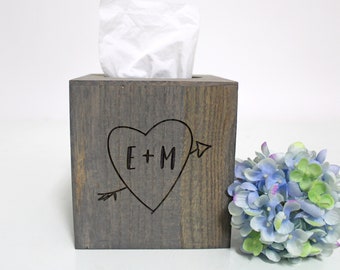 Wood Tissue Box Cover | Initials in Heart with Arrow | Rustic Home Decor | Engraved Monogram | Gift for Her