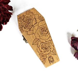 Coffin Ring Bearer Pillow Box - Gothic Roses Engraved | Personalize Option