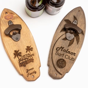 Customized Surf Engraved Wood Beer Bottle Opener Wall Mount
