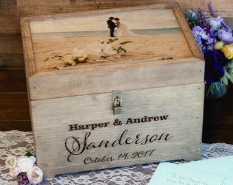 Wedding Cards Box with Your Photo Print - Personalized with Names Engraved - Card Slot - Handmade Box with Lock