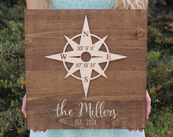 Personalized Wood Sign with Compass Rose - Family Name, Custom Text, Latitude/Longitude GPS Coordinates