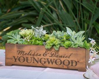 Personalized Rustic Wood Planter Box Wedding Centerpiece Vase - First Names and Last Name, Custom Text Engraved