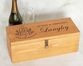 Champagne Box with Lock | Extra Large Wine Box | Anniversary Time Capsule | Wood Box Custom Engraved with Names and Year