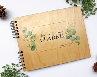 Wood Guest Book | Wedding Photo Album | Personalized Names and Date | Eucalyptus Succulent Design | Hardcover Family Scrapbook