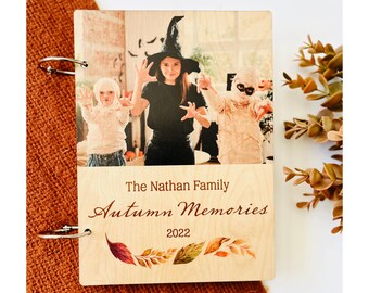 Autumn Memories Wood Photo Book | Personalized Journal Notebook or Binder Album | Family Name,Custom Text, Font Options