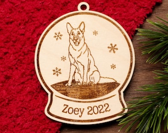 German Shepherd Dog Malinois Snowglobe Christmas Ornament Personalized Name Year Wood Engraved