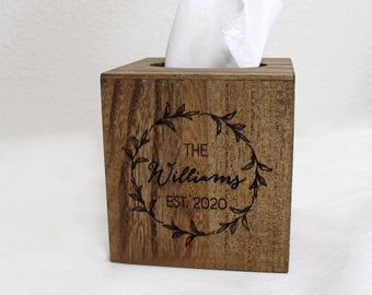 Wood Tissue Box Cover | Personalized Family Name and Date in Wreath