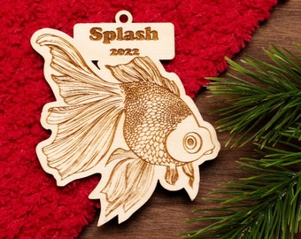 Fish Pet Christmas Ornament Personalized Name Year Wood Engraved - Betta, Goldfish