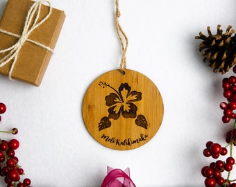 Mele Kalikimaka Hibiscus Flower Hawaiian Christmas Ornament, Engraved Wood -
