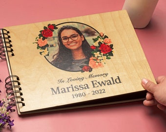 Memorial Guestbook or Memory Album for Loved One with Personalized Photo and Text | In Loving Memory | Name, Years of Life | Floral Wreath