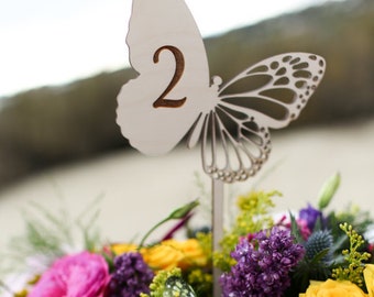 Butterfly Table Numbers Set of 10 Engraved Wood Laser Cut Out Cake Topper Stick