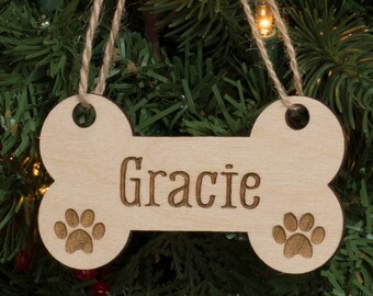 Dog Bone & Paw Prints Christmas Ornament Wood Engraved