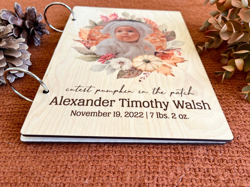 Baby Wood Book Personalized Journal Notebook or Binder Photo Album Cutest Pumpkin in the Patch Custom Photo, Text image 4