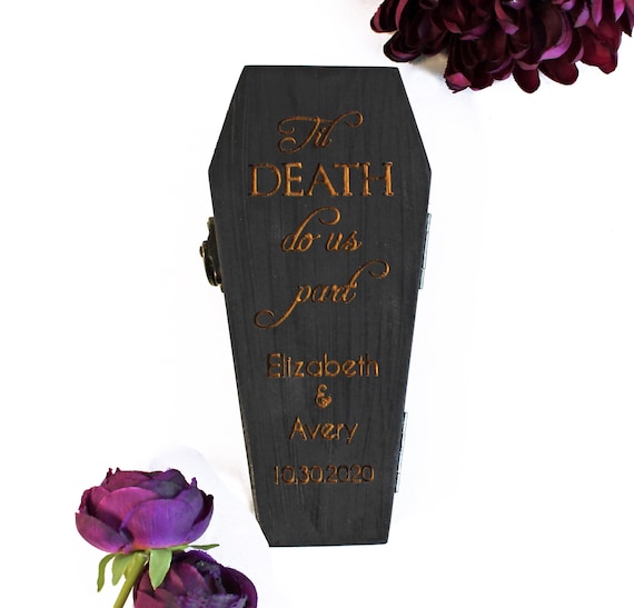 Personalize Option Til Death Do Us Part Engraved Cursive Coffin Ring Bearer Pillow Box 