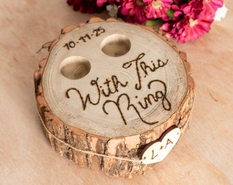 Rustic Ring Box | Tree Stump Ring Bearer Pillow Alternative - With This Ring | Engraved by Hand | Personalized