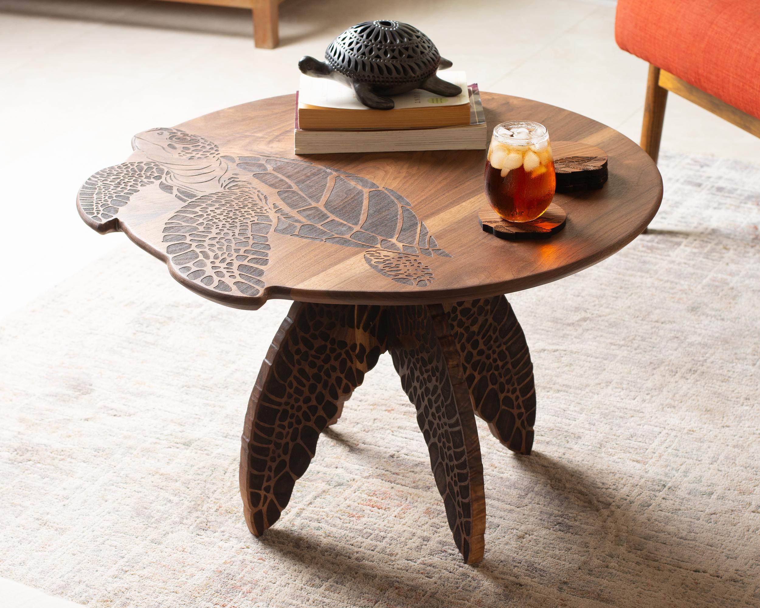 Handmade Turtle Engraved Coffee Table | Round Hardwood End Table