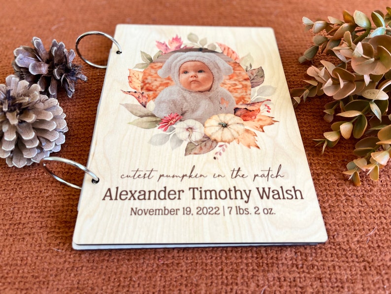 Baby Wood Book Personalized Journal Notebook or Binder Photo Album Cutest Pumpkin in the Patch Custom Photo, Text image 2