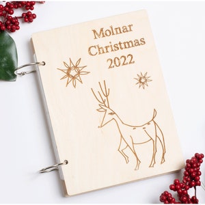 Porte-cartes de Noël avec 2 anneaux, couverture en bois pour album, nom personnalisé avec renne