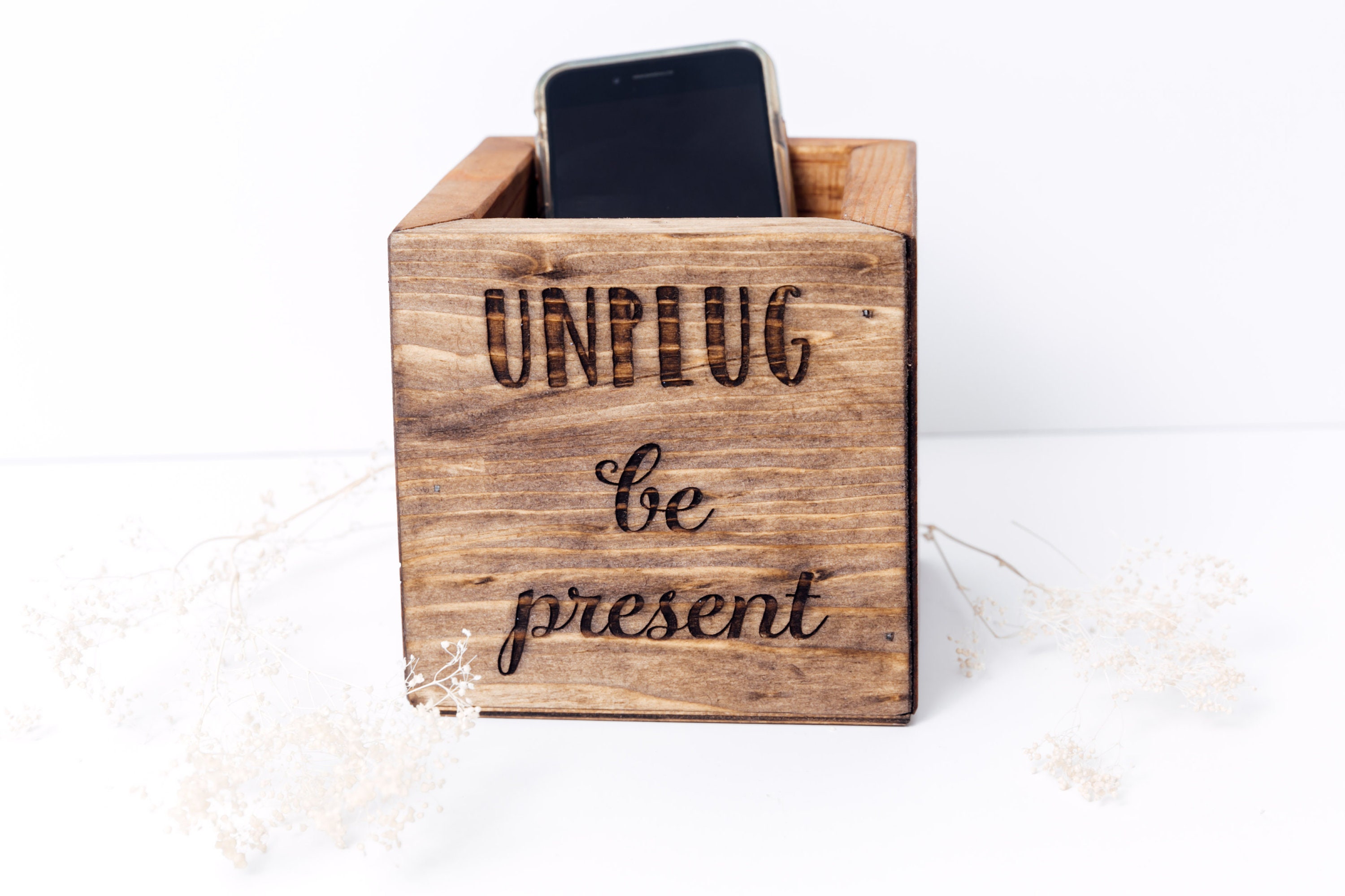 CHONIC Farmhouse Style Unplug Box - Phone Basket, Wooden Charging Station, Family Time Organizer