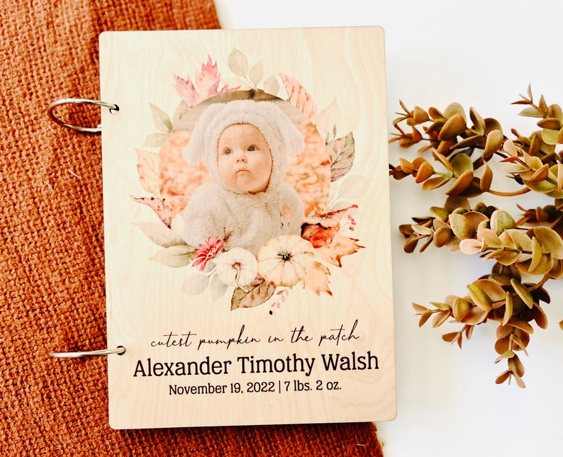 Baby Wood Book Personalized Journal Notebook or Binder Photo Album Cutest Pumpkin in the Patch Custom Photo, Text image 1