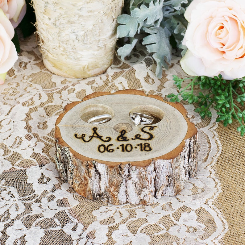 Rustic Ring Box Tree Stump Slice Ring Bearer Pillow Box Initials and Date Ring Pillow Alternative Engraved by Hand Personalized image 4