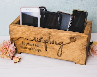 Unplug Box Rustic Wood Planter - Personalized Family Cell Phone Holder