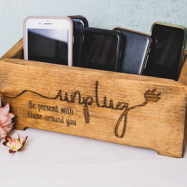 Unplug Box Rustic Wood Planter - Personalized Family Cell Phone Holder