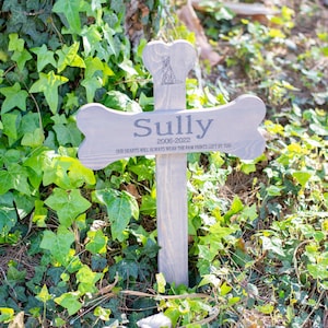 Memorial Cross with Pet Name | Custom Dog Bone Cross | Personalized Wood Burial Grave Marker for Dogs