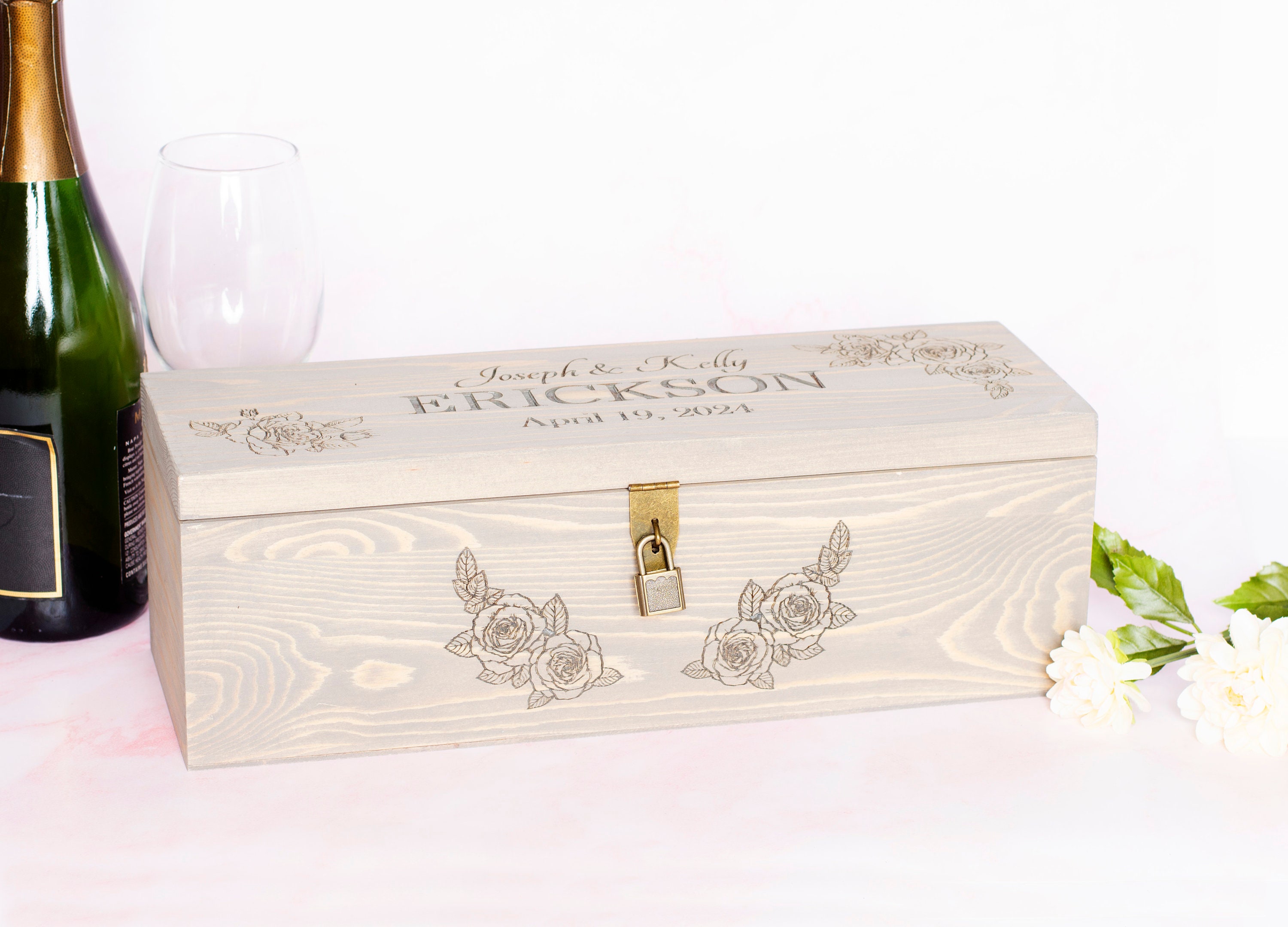 Rose Wine Box With Lock Personalized With Name and Date Etsy