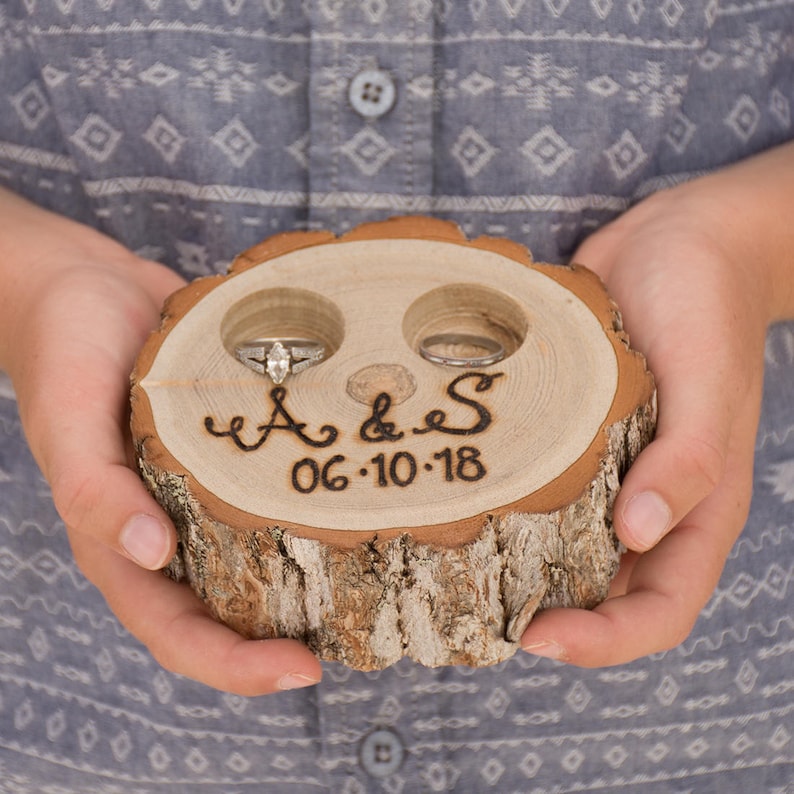 Rustic Ring Box Tree Stump Slice Ring Bearer Pillow Box Initials and Date Ring Pillow Alternative Engraved by Hand Personalized image 1