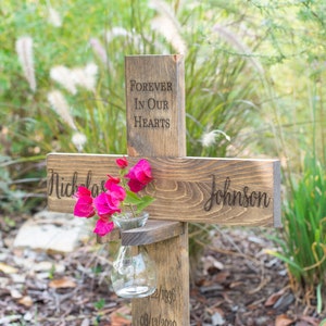 Memorial Cross with Flame-less Candle or Vase, Personalized for your Loved One
