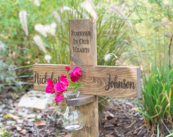 Memorial Cross with Flame-less Candle or Vase, Personalized for your Loved One