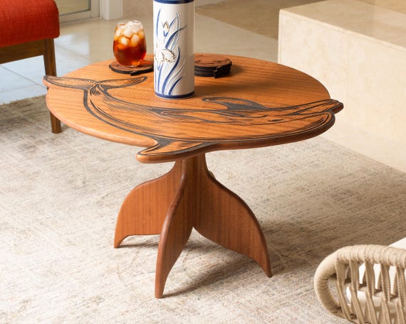 Dolphin Engraved Coffee Table | Round Hardwood Table | Artisan
