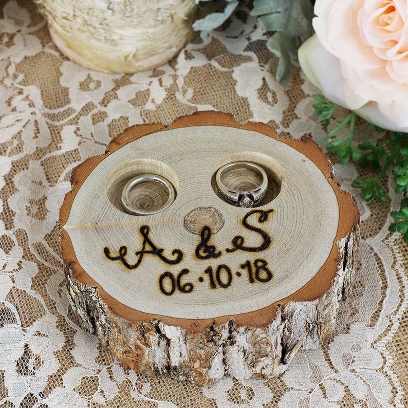 Rustic Ring Box Tree Stump Slice Ring Bearer Pillow Box Initials and Date Ring Pillow Alternative Engraved by Hand Personalized image 2