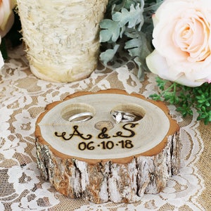 Rustic Ring Box Tree Stump Slice Ring Bearer Pillow Box Initials and Date Ring Pillow Alternative Engraved by Hand Personalized image 3