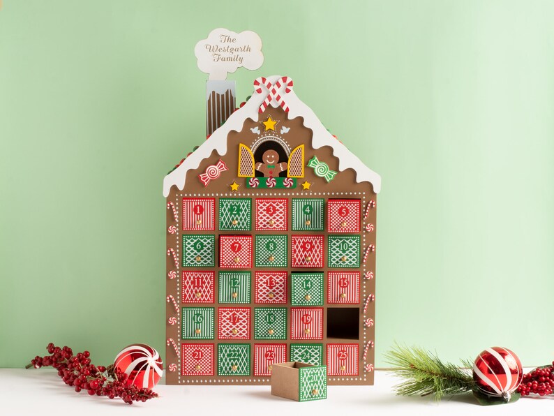 Gingerbread House Advent Calendar Christmas Countdown Candy Cane Personalized Name Family image 3