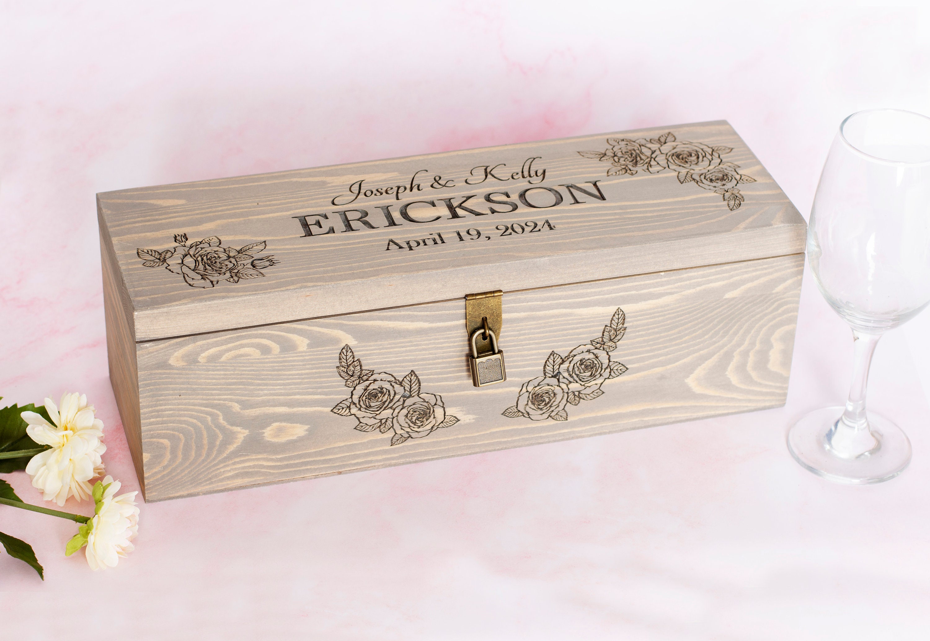 Rose Wine Box With Lock Personalized With Name and Date Etsy