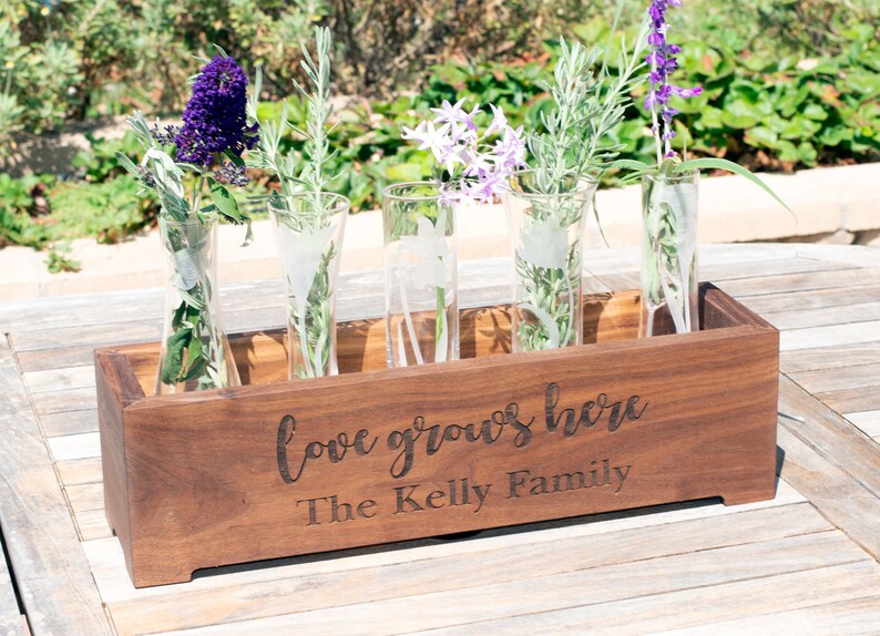Wood Planter Box Centerpiece With Set of 5 Etched Glass Bud Etsy