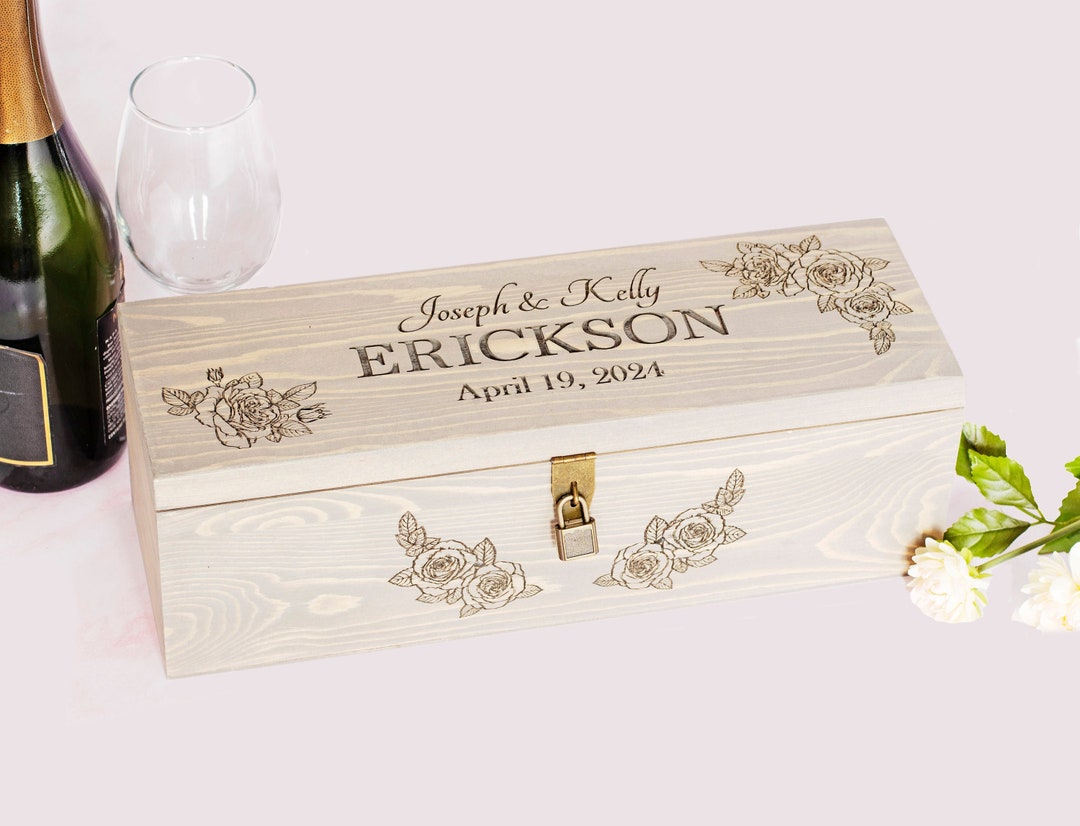 Rose Wine Box With Lock Personalized With Name and Date Rose Bud Floral