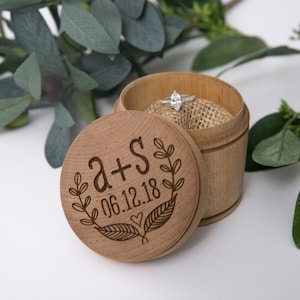Wood Ring Bearer Pillow Box | Engraved with Leaves Initials and Date | Personalized